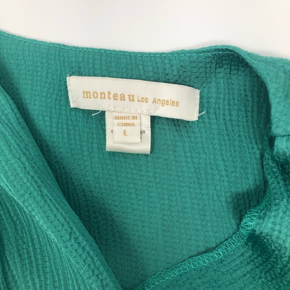 Monteau Los Angeles Green Blouse Faux Wrap Elastic Waist Size Large - Picture 4 of 9